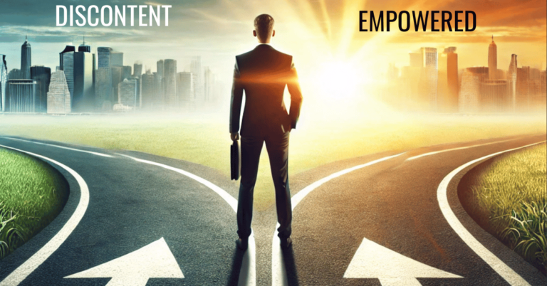 a business professional standing at a crossroads taking self-responsibility